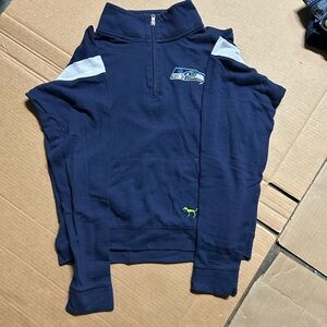 Blue Athletic Sweatshirt with High Collar and White Accents from pink